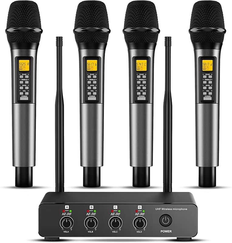 4 Channel Wireless Microphone with Echo/Treble/Bass, 160 ft UHF Range, 4 XLR+1/4‘’Output, Metal Cordless Handheld Dynamic Mics System for Wedding, Church, Karaoke, Singing, DJ(Auto Connect) image 1