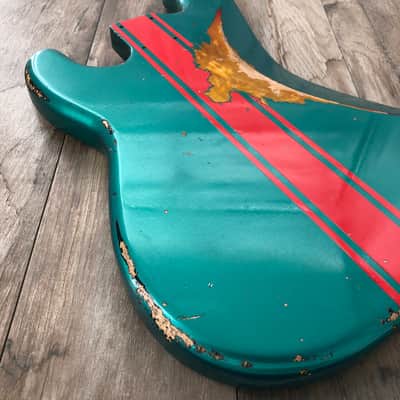 FRANCHIN Jupiter bass body Relic Aged Sherwood Green Metallic over 3-Color Sunburst with Ferrari Red racing Stripe 100% Nitro Lacquer Cracks Alder Precision-Style Made in Italy - Stock piece #23200726 image 11
