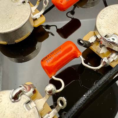 Gibson Les Paul 50s style wiring harness with Sprague Orange Drop 0.022uF capacitors and split long shaft audio taper pots image 2