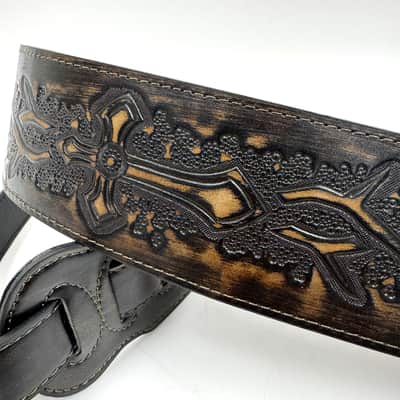 Walker & Williams LIP-06 Dark Rye Tan Carved Leather Spade Cut Strap with Tooled Cross and Thorns image 3