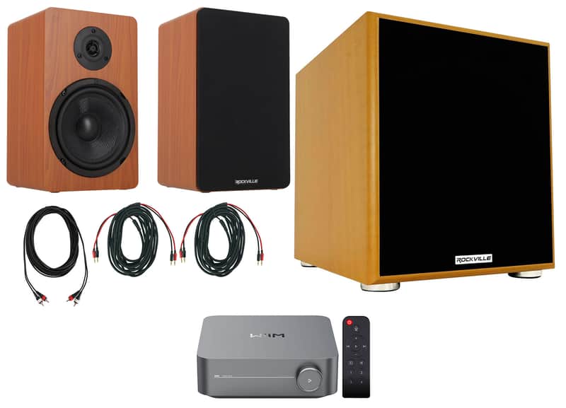 (2) Rockville RockShelf 68C 6.5" Wood Bookshelf Speakers+Wifi Amp Receiver+Sub image 1