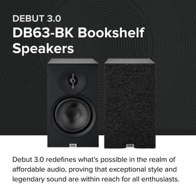 ELAC Debut 3.0 DB63-BK Bookshelf Speakers, Black Ash (Pair) - 1” Aluminum Dome Tweeter & 6.5” Aramid Fiber Woofer - 2-Way Bass Reflex - 42Hz to 38KHz Response image 2