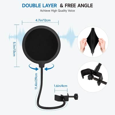 Desktop Mic Stand, Adjustable Microphone Stand Desk with Upgrade Microphone Clip Max Clamping Range 60mm,Pop Filter,Cell Phone Clip,3/8"to 5/8" Metal Adapter for Blue Yeti Snowball & Other Mic image 7