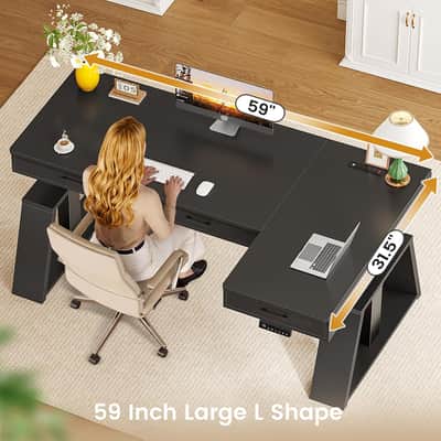 59" L-Shaped Electric Standing Producer Desk – Black Studio Workstation with Drawers, Power Outlets & Monitor Stand image 6