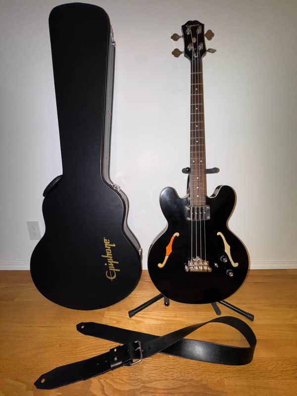 1997 Epiphone Rivoli Bass – Ebony Black Semi-Hollow, Cream Binding, Excellent Condition + Custom Strap & New Case image 1