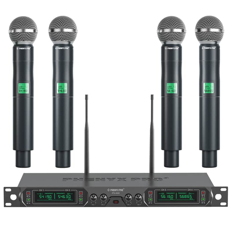 Phenyx Pro Wireless Microphone System, 4-Channel UHF Cordless Mic Set With Four Handheld Mics, All Metal Build, Fixed Frequency, Events (PTU-5000A) image 1