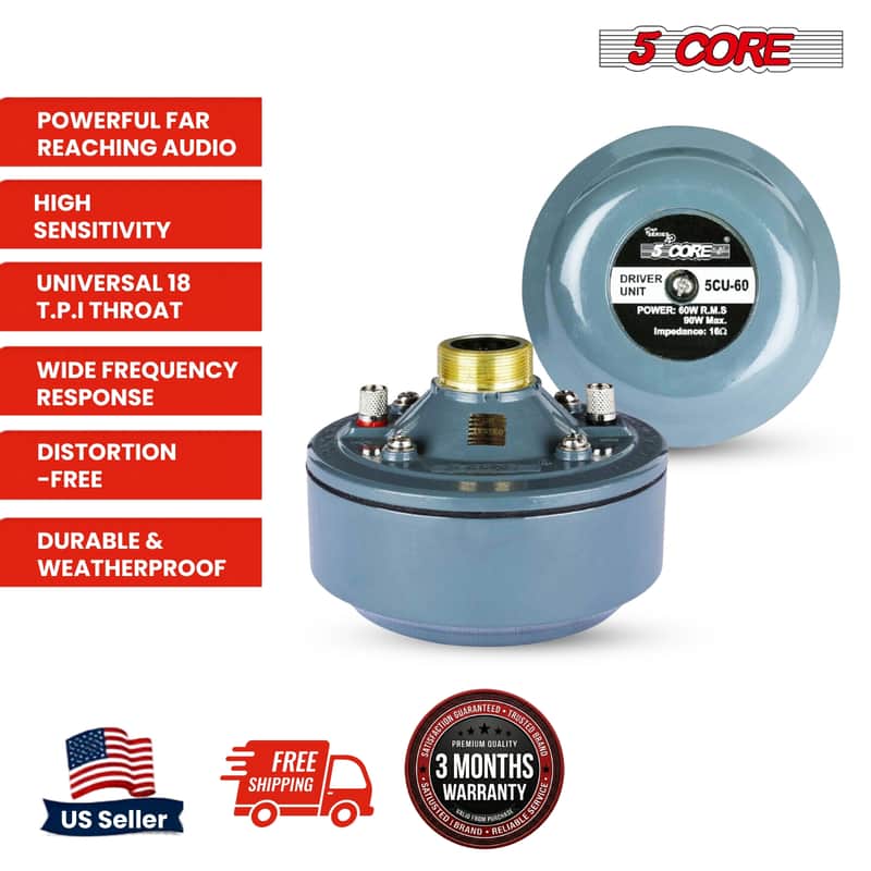 5 Core Compression Driver 2" Horn Tweeter 600W Titanium Diaphragm 16 Ohms 18 TPI All Weather Use image 1
