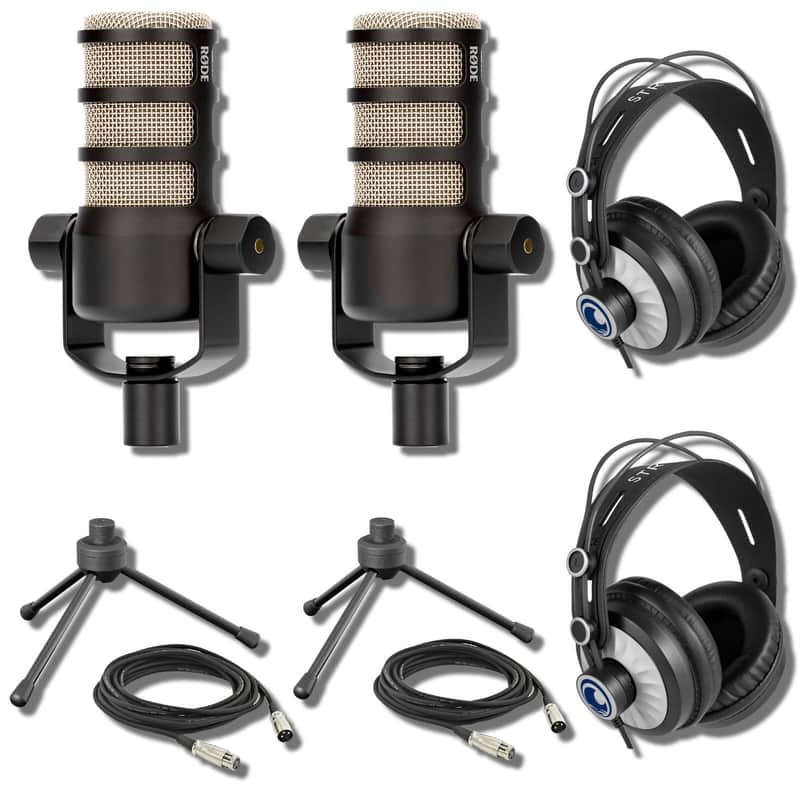 Rode PodMic Dynamic Podcast Microphone (Pair) with Gator GFW-MIC-0250 Desktop Mic Stands, Podcast Headphones, XLR Cables and StreamEye Polishing Cloth image 1