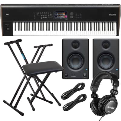 Korg Nautilus 88 Synthesizer Workstation, Presonus Eris3.5 Monitors, Keyboard Stand and Bench, Tascam TH02, (2) 1/4 Cables Bundle