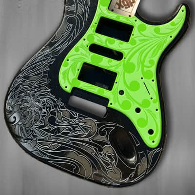 Black Sparkle XGP Stratocaster Style Laser Engraved Guitar Body with Solid Slimer Green Acrylic Pickguard and Tremolo Cover HSH, HSS, SSS Setups Available image 2