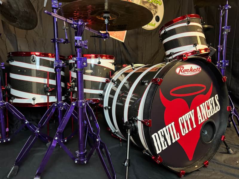 Rikki Rockett's, Rockett Drum Works, Devil City Angels, Carbon Fiber Shell, 22", 12", 14", 16", Matching 6x14" Snare. 2015 SIGNED!! image 1