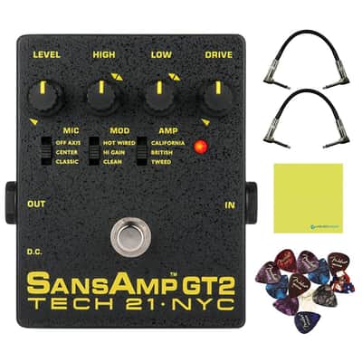 Tech 21 SansAmp GT2 Tube Amp Emulator Pedal Bundle w/ 2-Pack Strukture S6P48 Woven Right Angle Patch Cables, 12-Pack Guitar Picks and Liquid Audio Polishing Cloth image 1