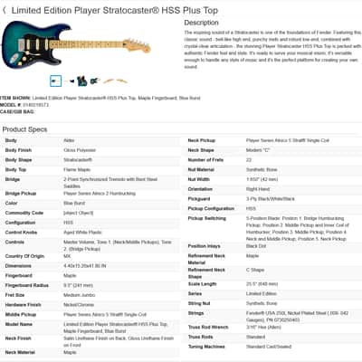 Fender Limited Edition Player Stratocaster HSS Plus Top Guitar 2021 - Blue Burst / Maple neck image 25