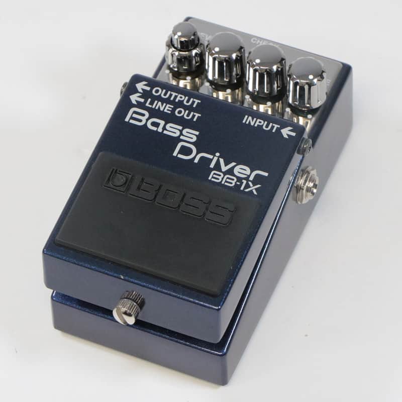 Blue and black bass driver pedal with knobs and input/output jacks.