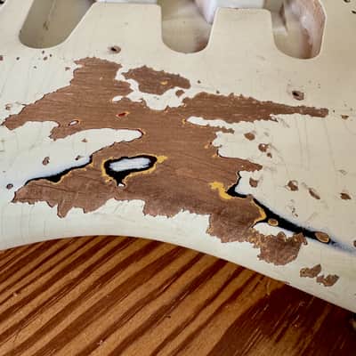 MJT Stratocaster Body, Aged, Reliced, Olympic White Over Three Tone Sunburst image 9