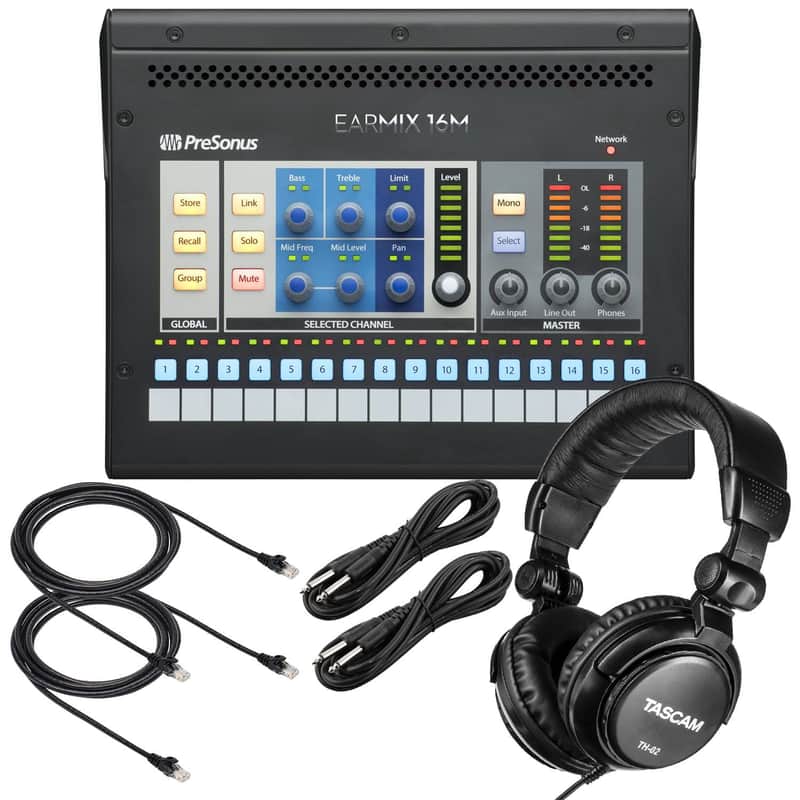 PreSonus EarMix 16M AVB Personal Monitor Mixer, Tascam TH02, (2) 1/4 Cables, (2) Ethernet Cables 10FT Bundle image 1