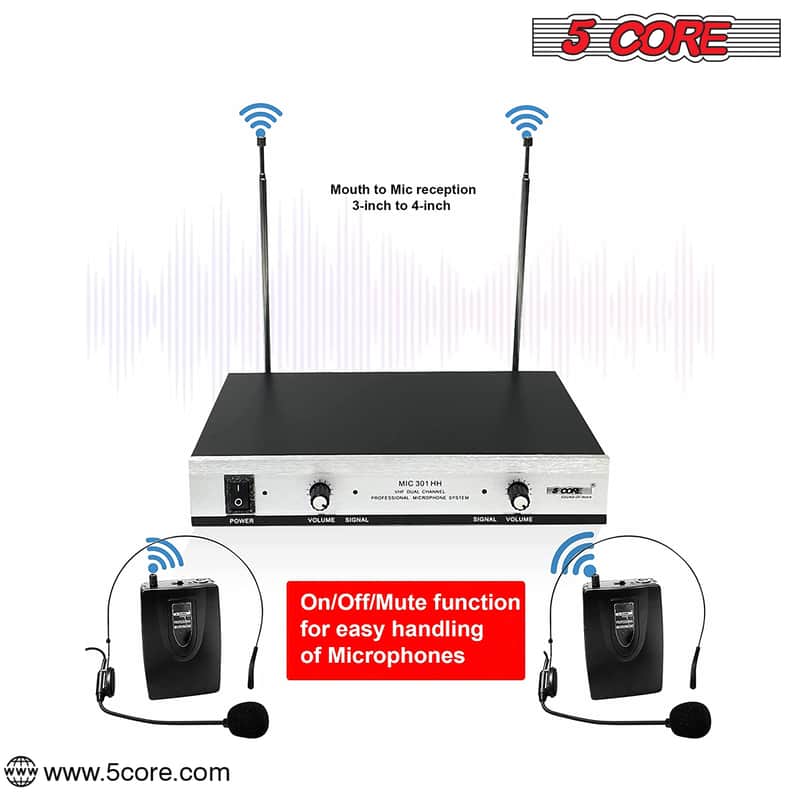 5Core Wireless Microphones w 2 Headset Portable Mini Microfono Inalambricos + Receiver 165ft Range image 1