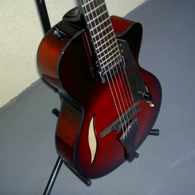 2017 Peerless 12" Serena carved spruce archtop, light travel/ parlor size guitar. Ruby Sunburst, image 4