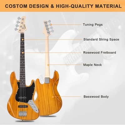 Glarry GJazz Electric Bass Guitar Black pickguard Transparent - Yellow image 10
