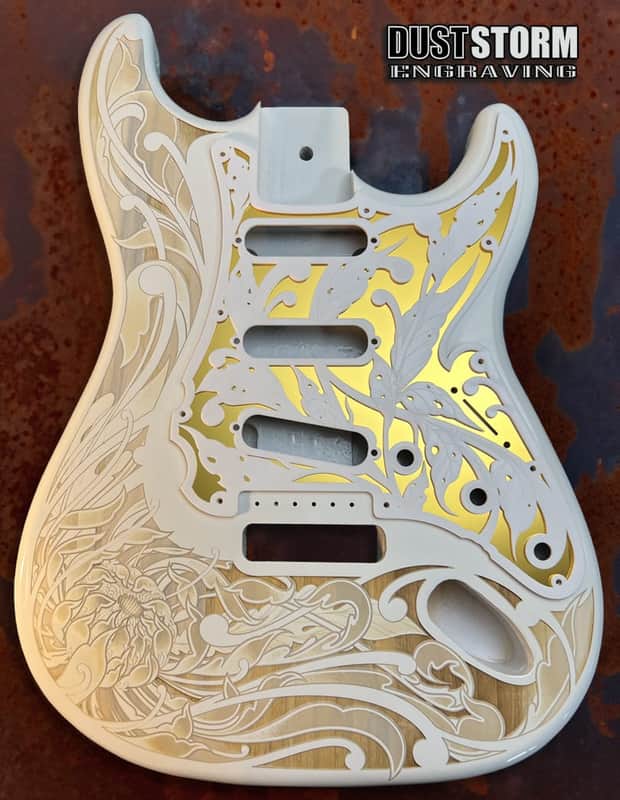 White Fender Strat Guitar Body Custom Laser Engraved White and Gold Mirror Pickguard, White Tremolo Cover HSH, HSS, SSS Setup Available image 1