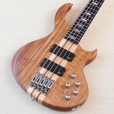 Zebra Wood Top Custom 5 String Electric Bass, Okoume Body, Maple Neck Through, 24 Frets Fingerboard Fretboard image 1