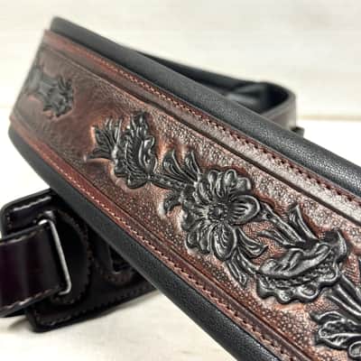 Walker and Williams KB-02-BT Oxblood Brown Carving Leather Padded Guitar Strap With Black Floral Skull & Cross For All Guitars And Basses image 2