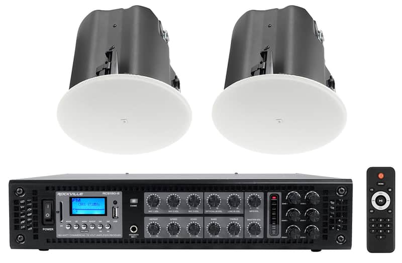 (2) JBL Control 418C/T 8" Commercial 70v Ceiling Speakers+Amp For Restaurant/Bar