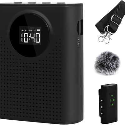 Voice Amplifier with Magnetic Wireless Lavalier Microphone, Portable Amplifier with 2.4G Wireless Microphone, Supports Bluetooth, TF Card, USB Flash Drive and AUX Input Black image 1