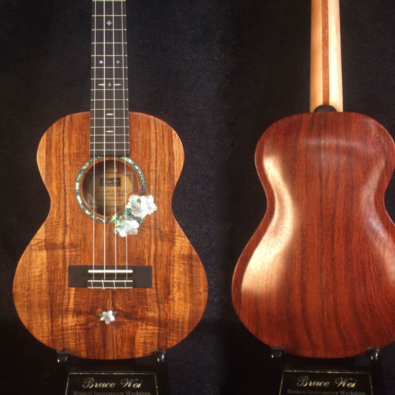 Handmade Solid Hawaiian Koa Tenor Ukulele, Rosewood Arch-Back, Hibiscus Abalone, MOP Inlay, Soft-bag, Bruce Wei UAG17-2026 image 1