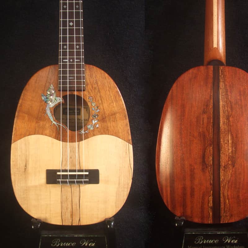 Handmade Soprano Ukulele, Hawaiian Koa, Redwood, Archback Pineapple, Bird Floral Inlay, Soft-bag, Bruce Wei UAW13-2008 image 1