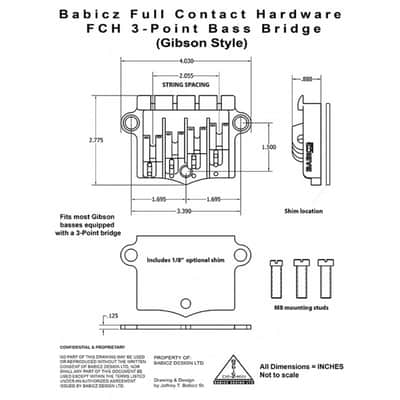 Babicz Full Contact Hardware ORIGINAL SERIES FCH 3PT BASS BRIDGE, 4 String W/SHIM, nickel image 3