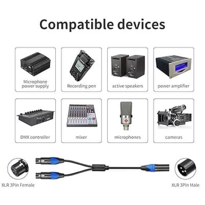 1 Male to 2 Female XLR Y Splitter Micrphone Cable, 3pin XLR Female to Dual XLR Male Y-Splitter Balanced Mic Audio Cables (1.6FT / 2 Pack) image 3