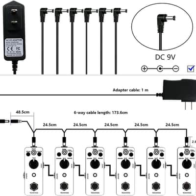 9V Guitar Pedal Power Supply, 9 Volt 1a AC DC Adapter Pedalboard Charger with 6 Way Daisy Chain Cable Cord for BOSS 1 Spot Effect Pedals Center Negative image 3