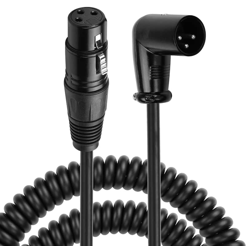 Xlr Microphone Coiled Cable, Xlr To Xlr Male To Female Cable, Balanced Xlr Cable 8 Feet, Oxygen-Free Copper Mic Cables, Xlr Speaker Cables - Black (Right Angle Male Xlr To Straight Female) image 1