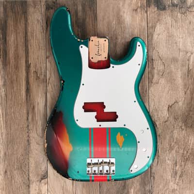 FRANCHIN Jupiter bass body Relic Aged Sherwood Green Metallic over 3-Color Sunburst with Ferrari Red racing Stripe 100% Nitro Lacquer Cracks Alder Precision-Style Made in Italy - Stock piece #23200726 image 4