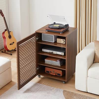 5-Tier Walnut Stereo Rack AV Media Cabinet w/ Adjustable Shelves, Cable Management & Wheels image 8