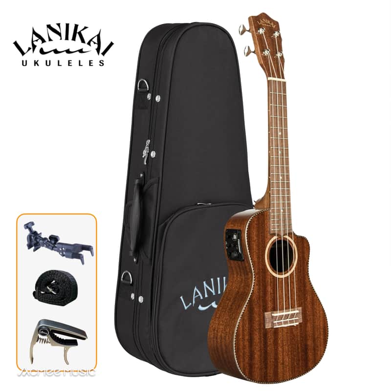 Lanikai MAS-CEC All Solid Mahogany Concert Acoustic/Electric Cutaway Ukulele with Foam Case, Hercules Clamp Hanger, Capo & Strap