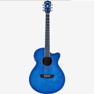 Washburn EA15TBL | Festival Series Mini Jumbo Cutaway Acoustic / Electric Guitar, Flame Transparent Blue