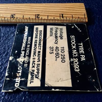 VINTAGE MARSHALL "STOCK TAG" FROM BACK PANNEL JMP PLEXI ERA image 7