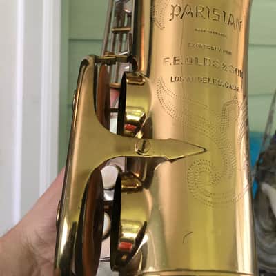 SUMMER DEAL PRO VERSION "MADE EXPRESSLY" FOR F. E. OLDS EARLY L.A PARISIAN ALTO SAXOPHONE (NOT "AMBASSADOR" CHEAP LATER ONE) ORIGINAL LACQUER NEWER PADS BRILHART MPC , NICE CASE, EXTRAS made france image 12