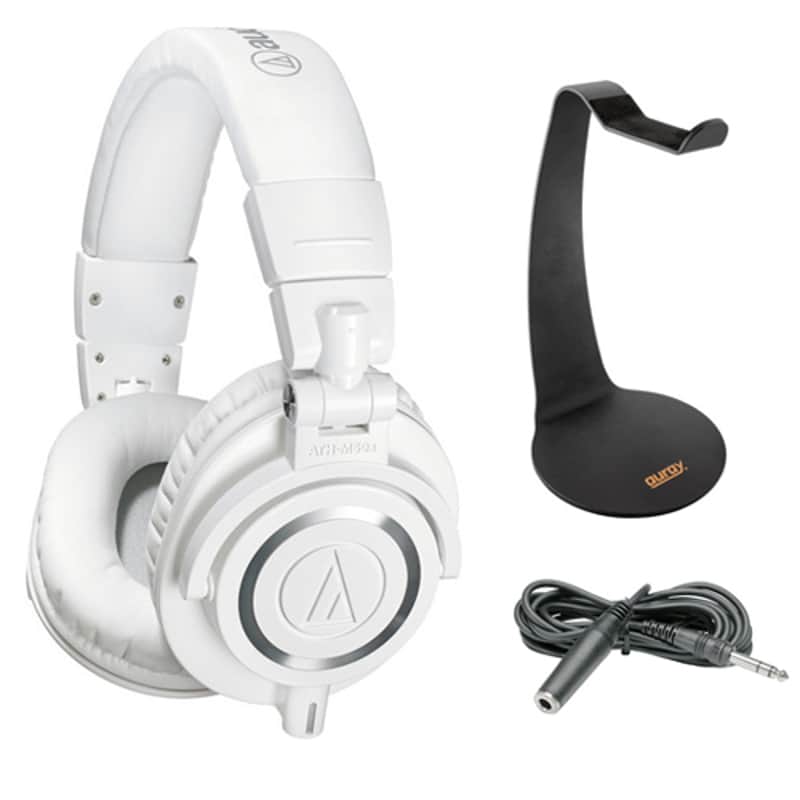 Audio-Technica ATH-M50xWH Monitor Headphones (White) with Headphone Stand and Headphone Extension Cable 10' image 1