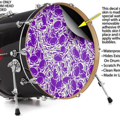 Skin Decal fits 24" Bass Kick Drums Scattered Skulls Purple image 2