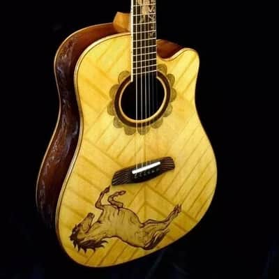 Acoustic Guitar Handmade by Blueberry, 6 String Wood Horse Motif Guitar,Custom Handcrafted Wooden Guitar, Dreadnought Guitar,Steel String image 7