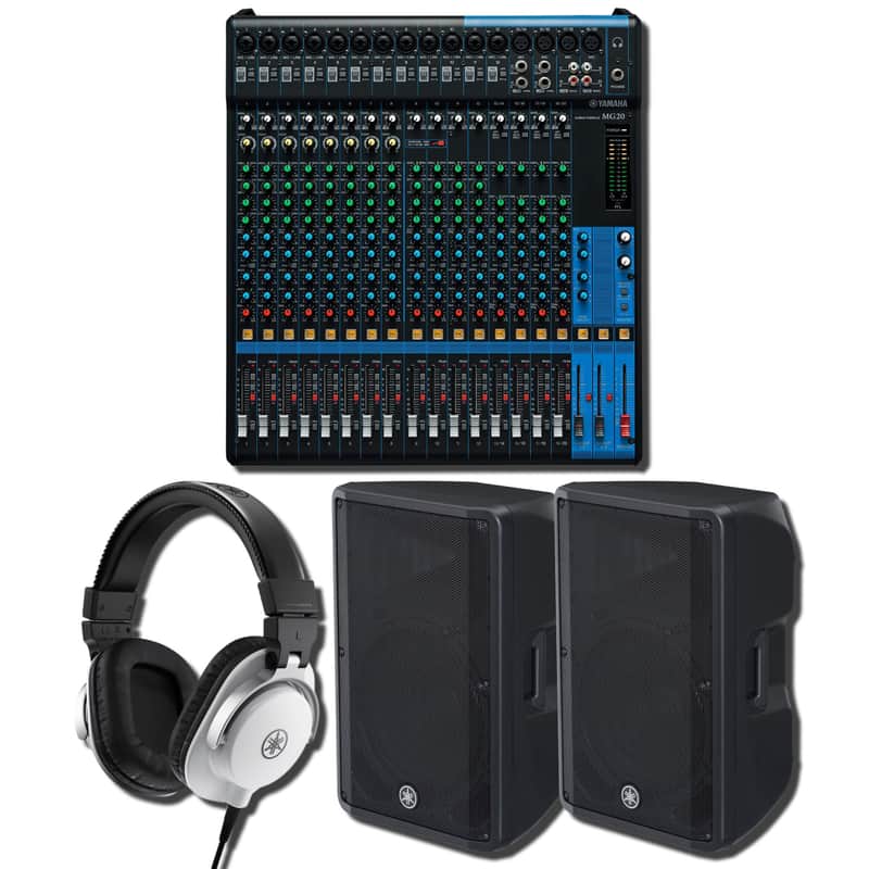 Yamaha MG20 20-Channel Analog Mixing Console with 2x DBR15 15-Inch 1,000W Powered Loudspeakers and HPH-MT5W White Closed-Back Studio Monitor Headphones image 1