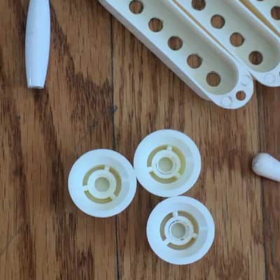 Complete Fender Strat Knobs Pickup Covers Set Light NOS Relic Parchment Green Fonts Numbers image 12