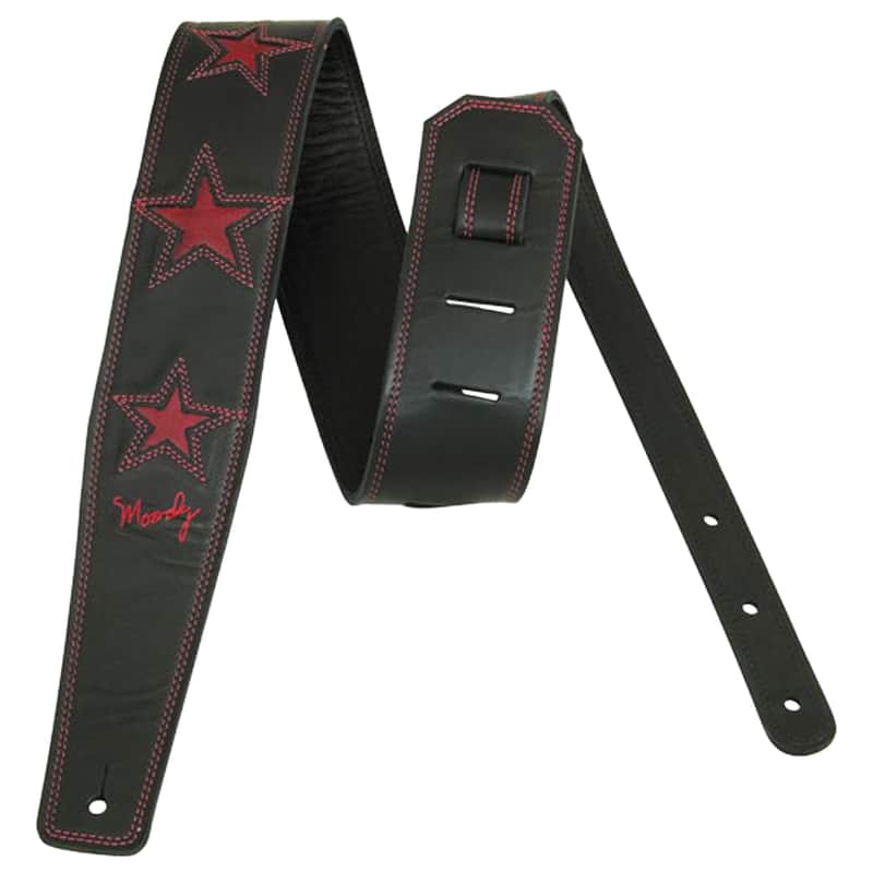 2.5" 3 Red STARS Balck/Black Leather Backed Guitar Strap Long (adjusts from 47" - 54") + $15.00 image 1