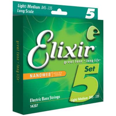 Elixir 14207 Nanoweb Nickel Plated Steel Long Scale 5-String Electric Bass Strings - Medium/Light (45-135)