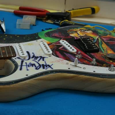 Unique Custom Jimi Hendrix hand painted guitar left handed stratocaster black & natural wood image 4