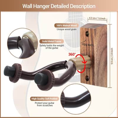 Guitar Wall Hanger, 2 Pack Black Walnut Guitar Wall Mount, Guitar Wall Hanger Sets With 5 Picks And Holder, Wood Guitar Wall Hanger For Acoustic/Electric Guitar, Banjo, Bass, Mandolin, Ukulele image 2