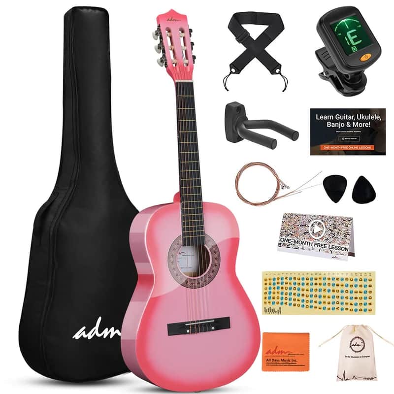 ADM Beginner Acoustic Classical Guitar 34 Inch Nylon Strings Wooden Guitar Bundle Kit for Kid Boy Girl Student Youth Guitarra Online Lessons with Gig Bag, Strap, Tuner, Strings, Picks, Pink image 1